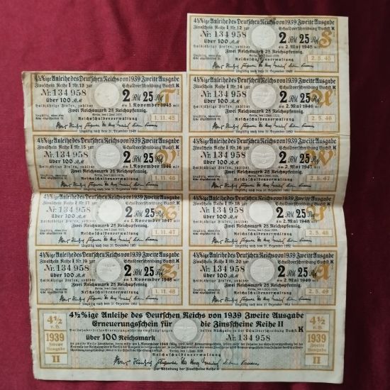 Historický finanční dokument – státní dluhopis Německé říše z roku 1939. 