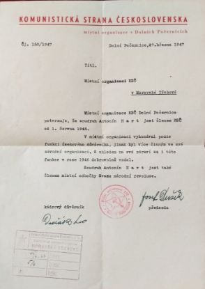 Dokument místní organizace KSČ z roku 1947.