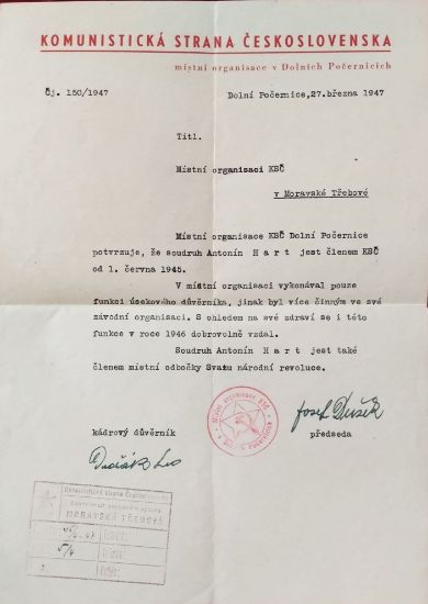Dokument místní organizace KSČ z roku 1947.