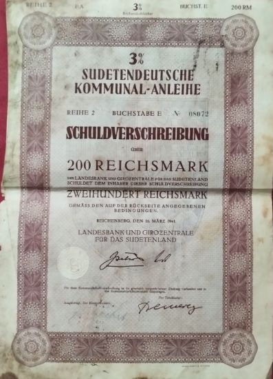 Sudetoněmecký komunální dluhopis z roku 1941 v hodnotě 200 říšských marek