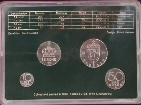 Sada norských mincí z roku 1983 v původním obalu. 
