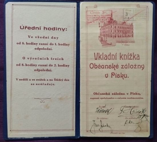 Vkladní knížka občanské záložny z roku 1938