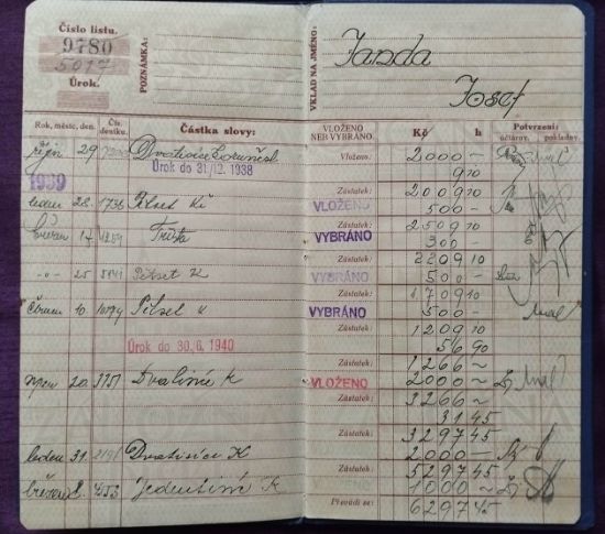 Vkladní knížka občanské záložny z roku 1938